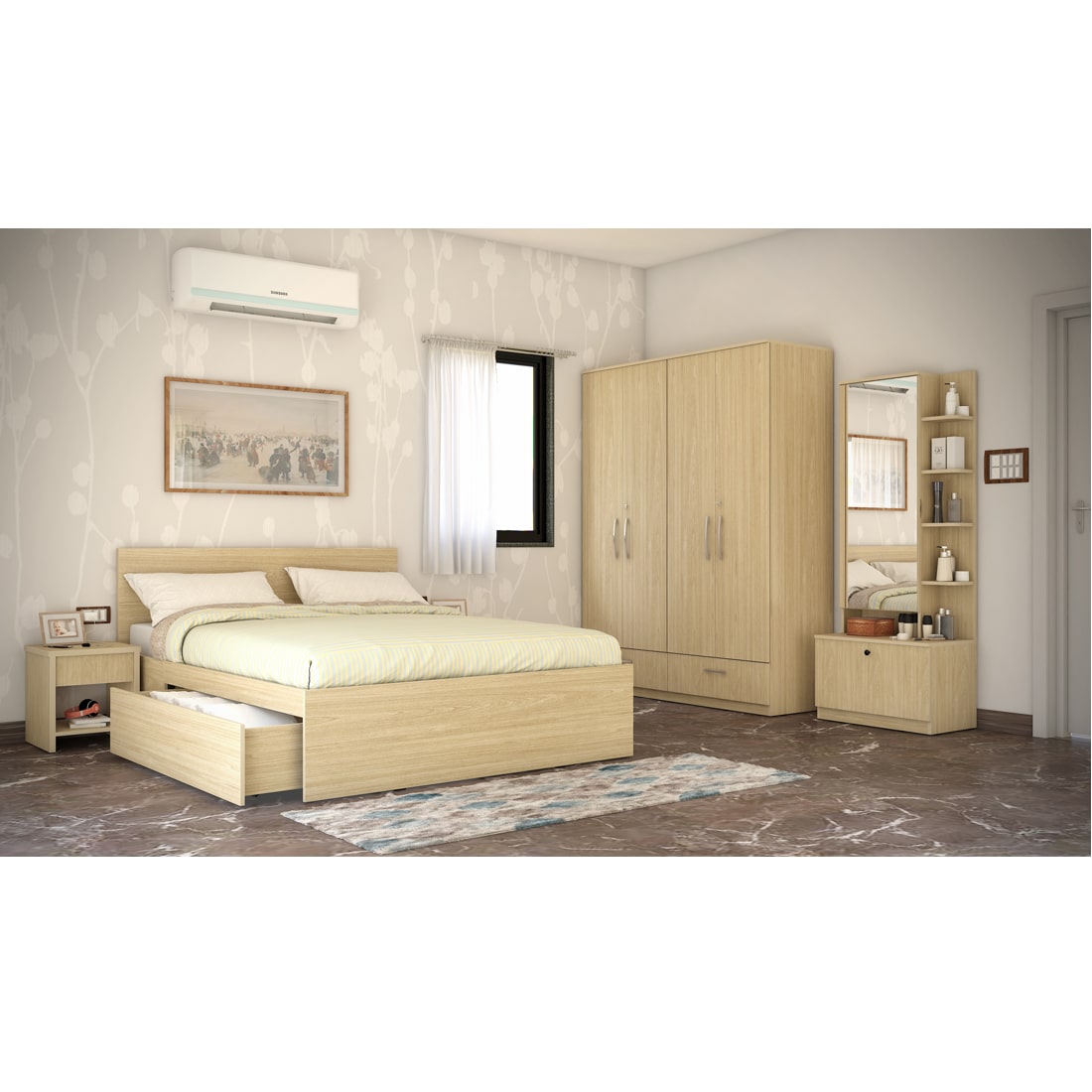 Modena 07: Set of 5 Bedroom Furniture - 4 door Wardrobe, Queen Bed Left, Dresser and Side Tables