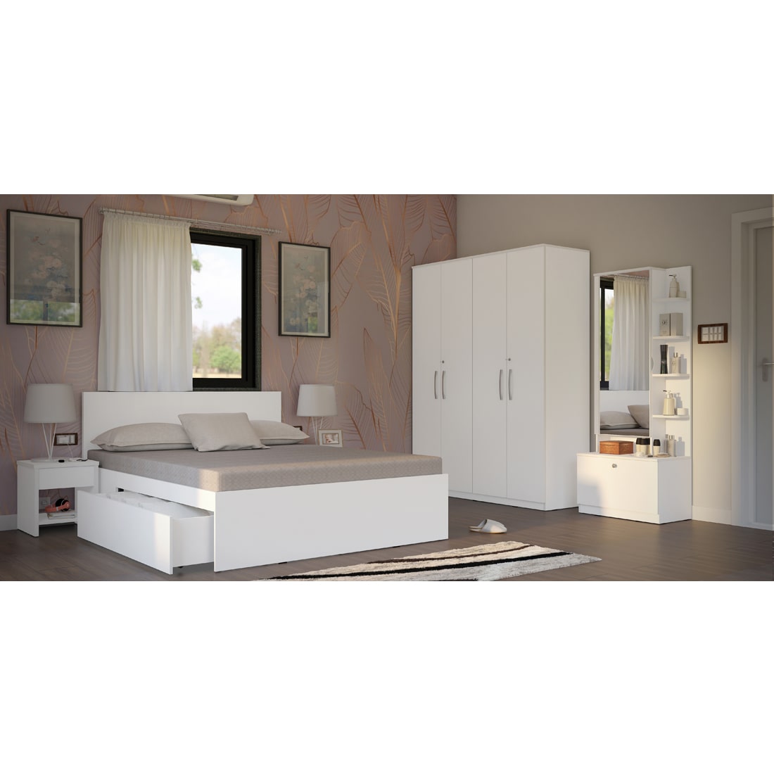 Modena 08: Set of 5 Bedroom Furniture - 4 door Wardrobe, Queen Bed Left, Dresser and Side Tables