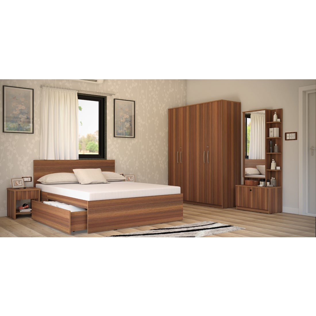 Modena 08: Set of 5 Bedroom Furniture - 4 door Wardrobe, Queen Bed Left, Dresser and Side Tables