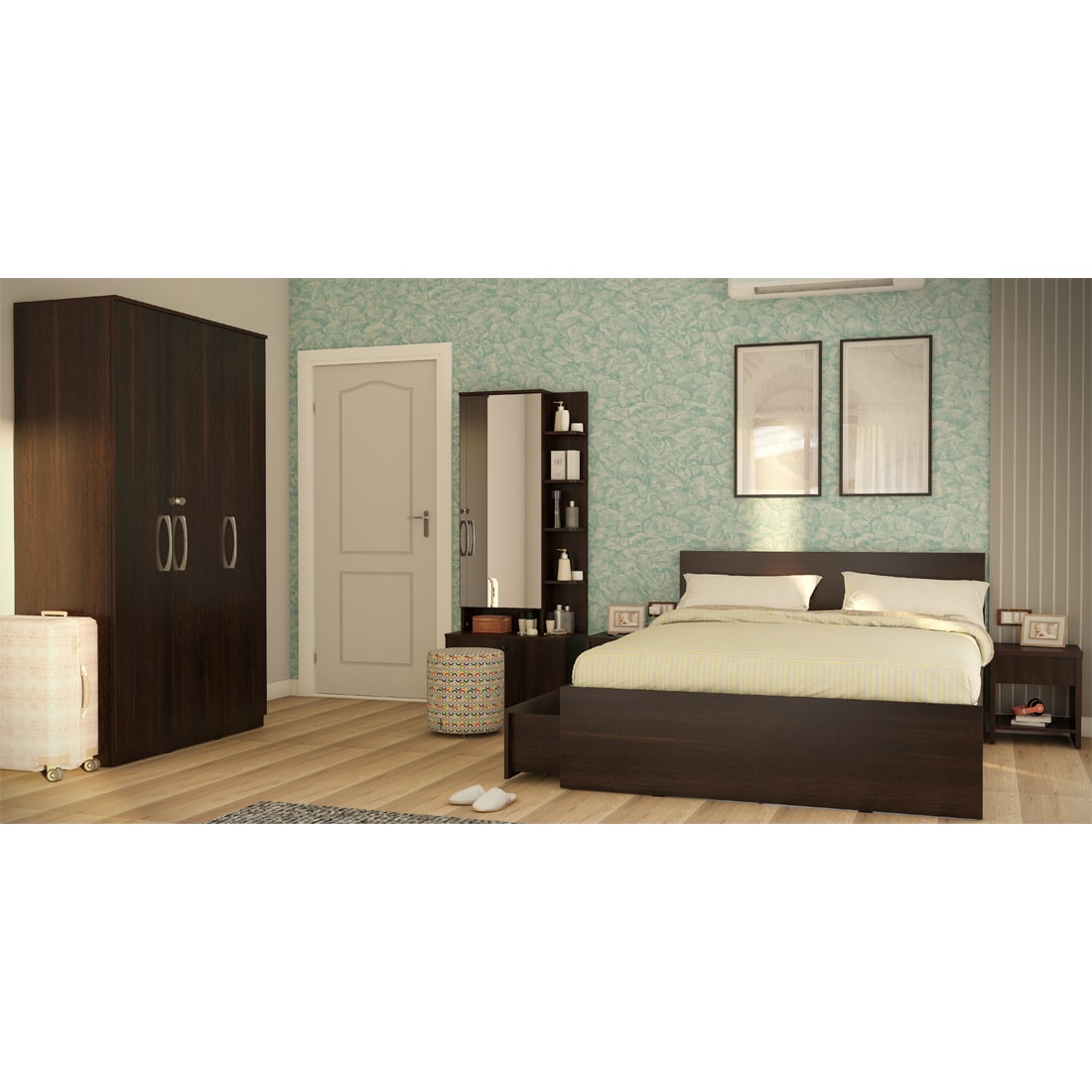 Modena 09: Set of 5 Bedroom Furniture - 3 door Wardrobe, Queen Bed Left, Dresser and Side Tables