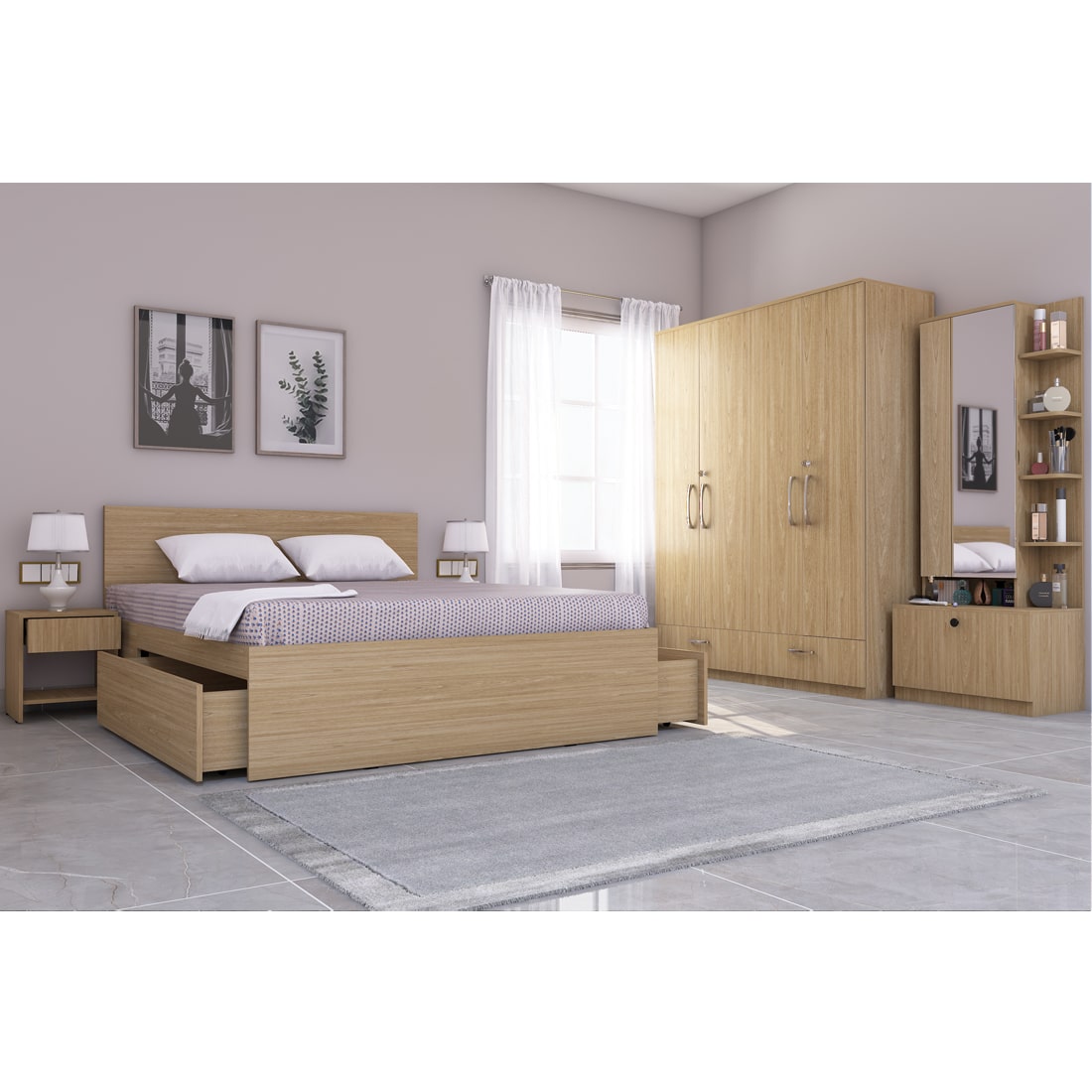 Optima 04: Set of 5 Bedroom Furniture - 4 door Wardrobe, Queen Bed, Dresser and Side Tables