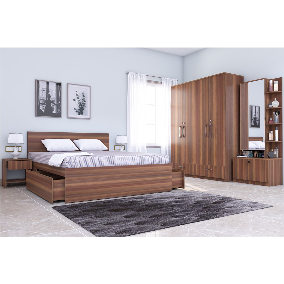 Optima 04: Set of 5 Bedroom Furniture - 4 door Wardrobe, Queen Bed, Dresser and Side Tables