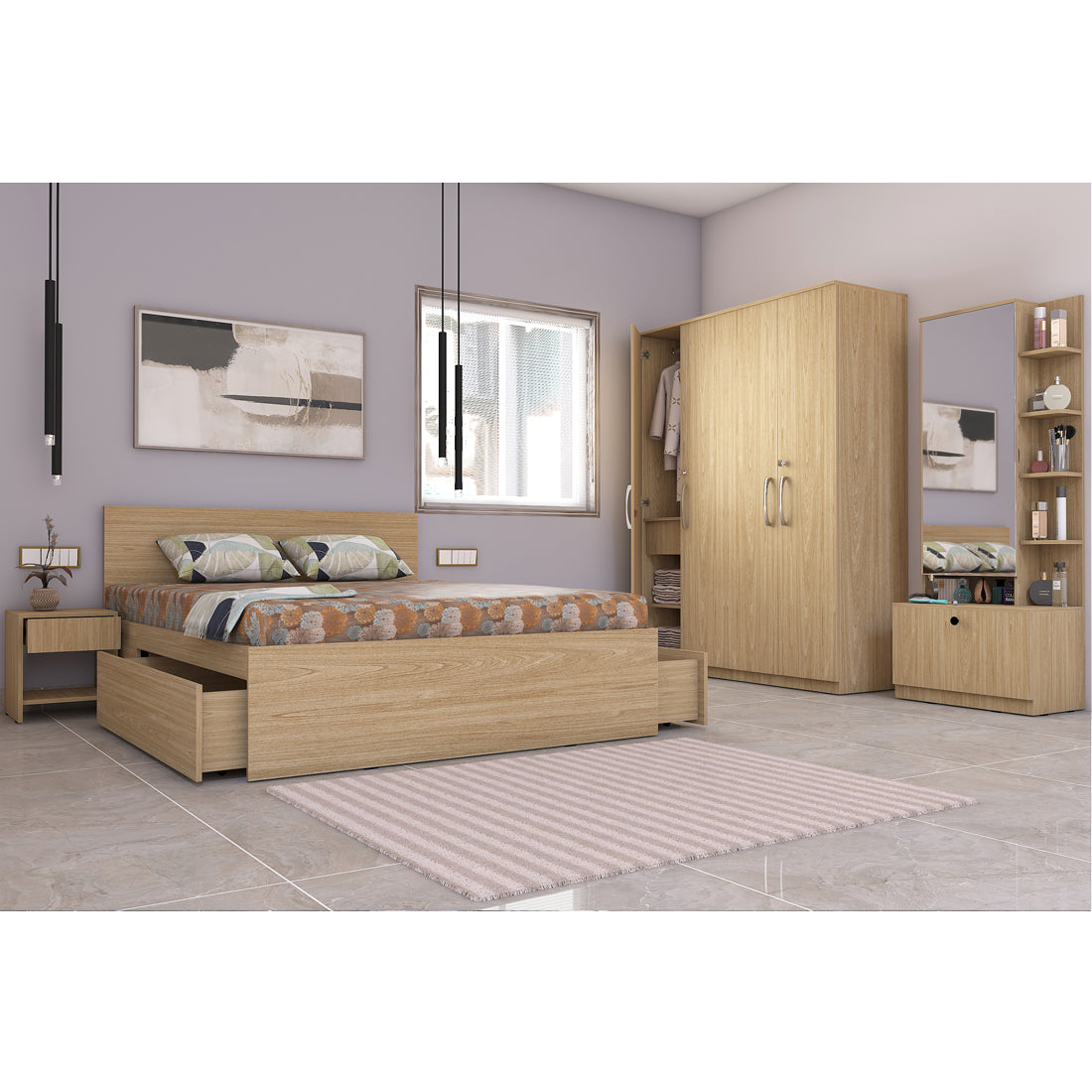 Optima 05: Set of 5 Bedroom Furniture - 4 door Wardrobe, Queen Bed, Dresser and Side Tables