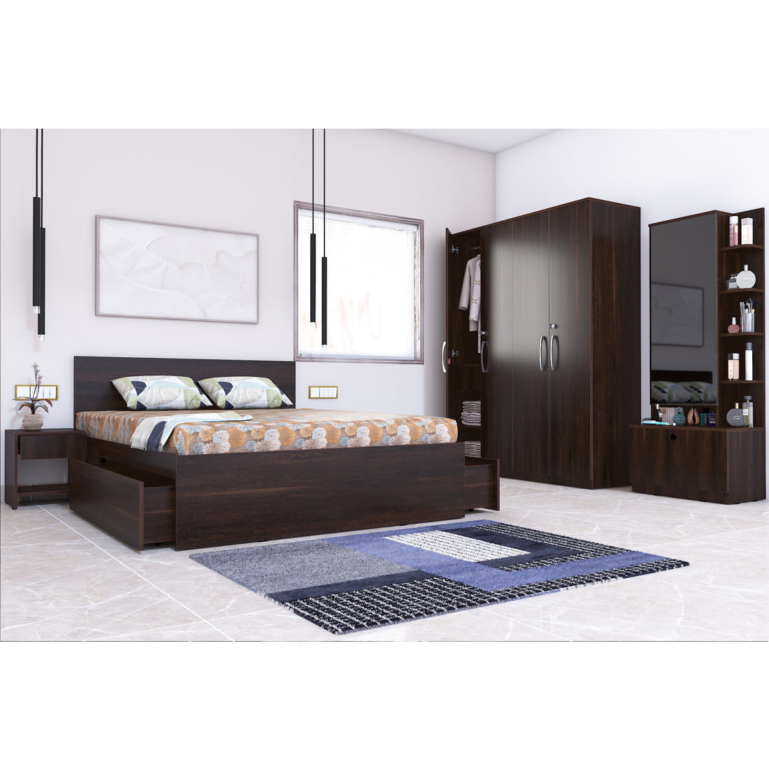 Optima 05: Set of 5 Bedroom Furniture - 4 door Wardrobe, Queen Bed, Dresser and Side Tables