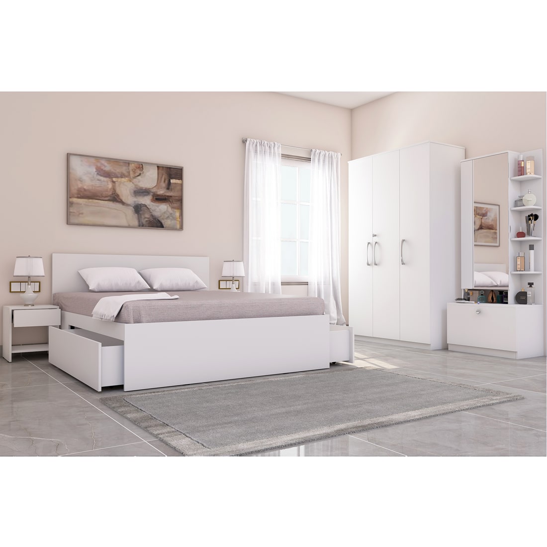 Optima 06: Set of 5 Bedroom Furniture - 3 door Wardrobe, Queen Bed, Dresser and Side Tables