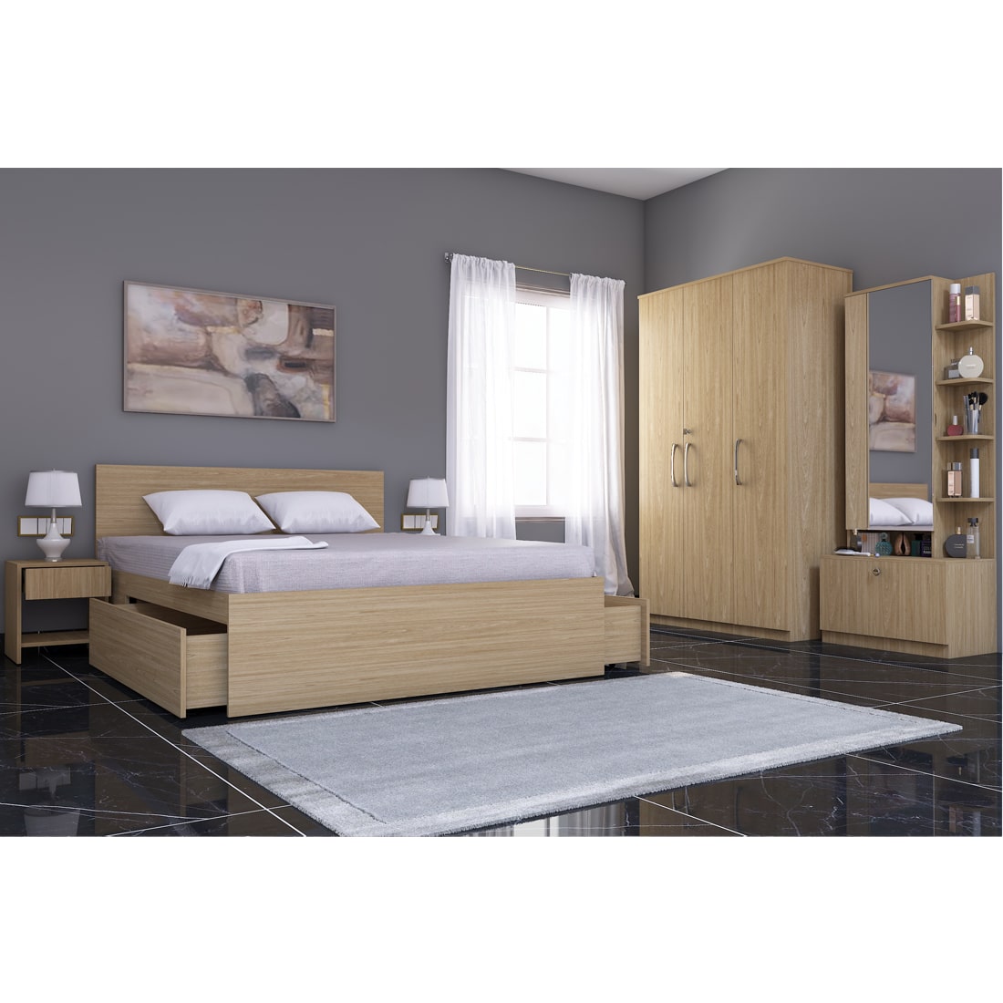 Optima 06: Set of 5 Bedroom Furniture - 3 door Wardrobe, Queen Bed, Dresser and Side Tables