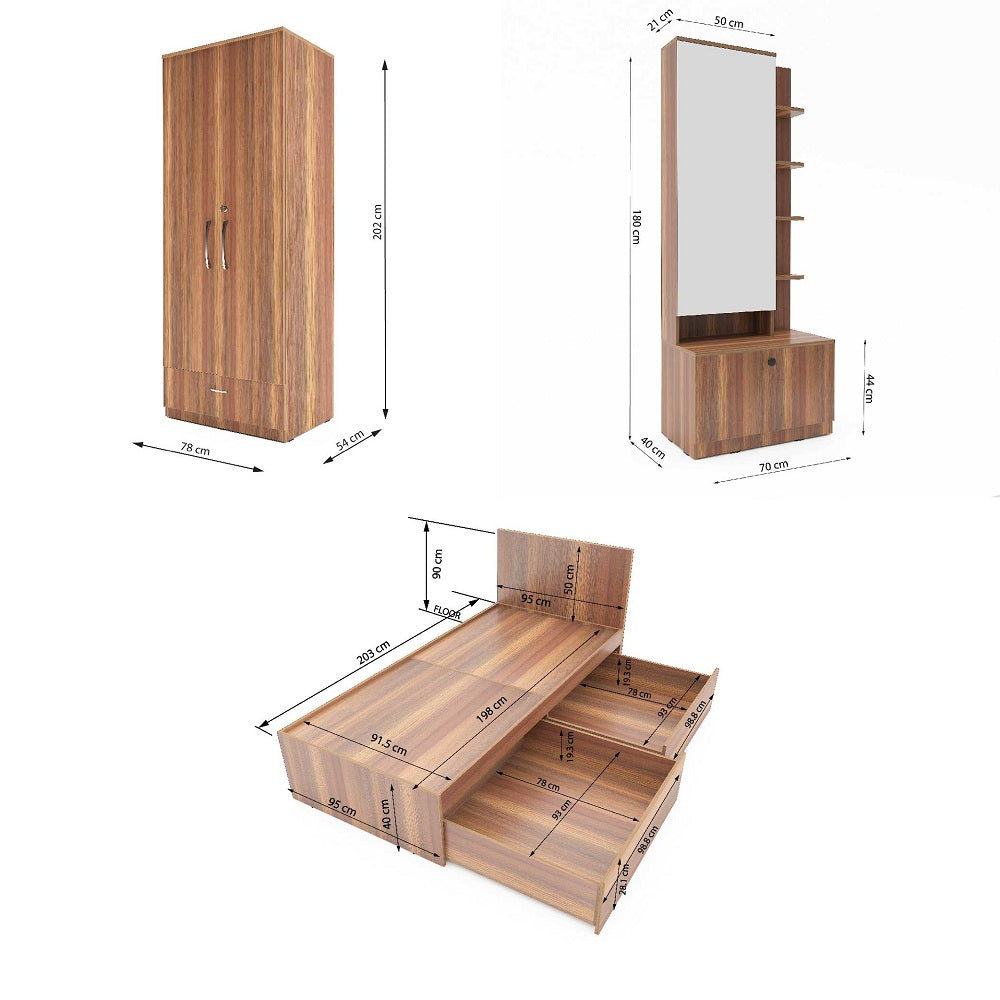 Finisa 14: Set of 3 Bedroom Furniture - 2 door 2 drawer Wardrobe, Single Bed with Headboard, Dresser