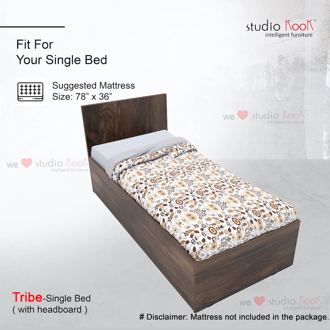 Tribe Left Single Bed with Headboard and 2 Drawers on Left