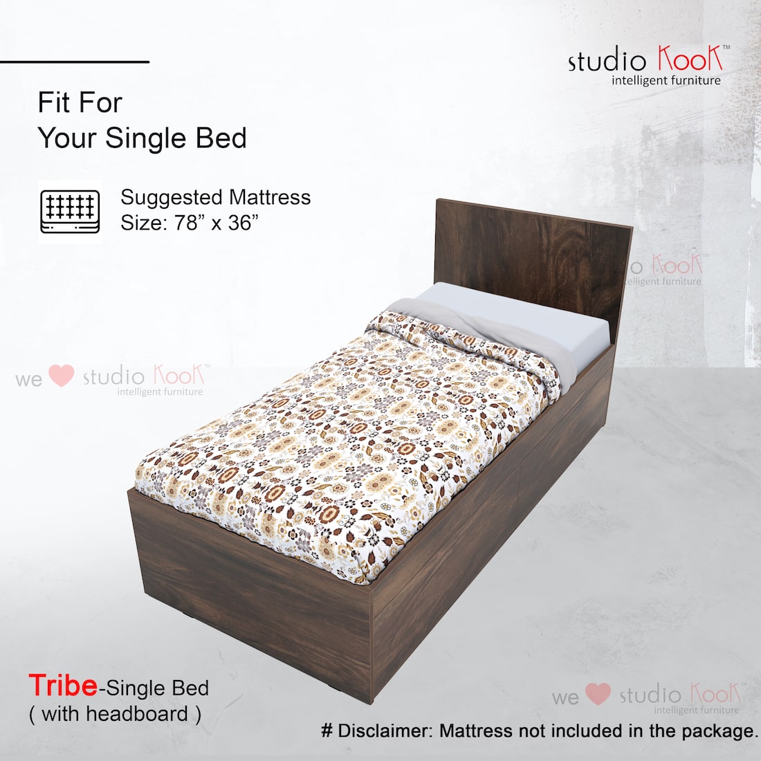 Tribe Right Single Bed with Headboard and 2 Drawers on Right