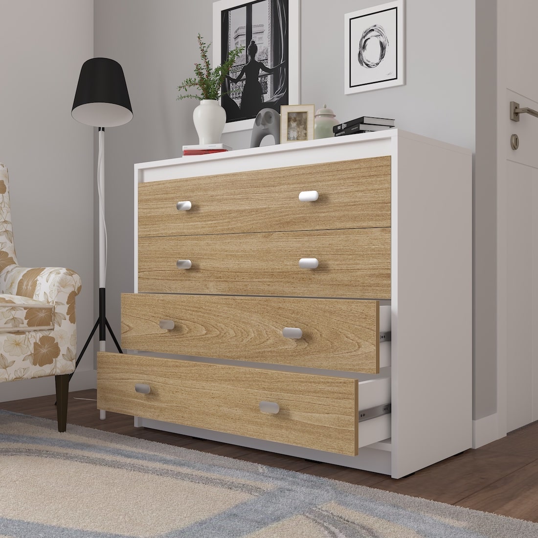 Majestic Chest of Drawers (Moonshine White + Light Teak Finish, Matte)