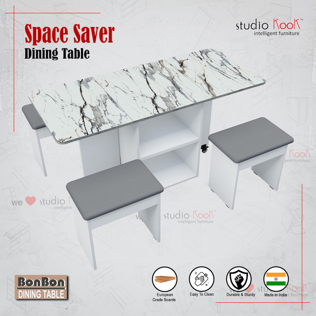 Bonbon 4 Seater Folding Dining Table with Inbuilt Seating (Marble Finish Laminate Top & Moonshine White)