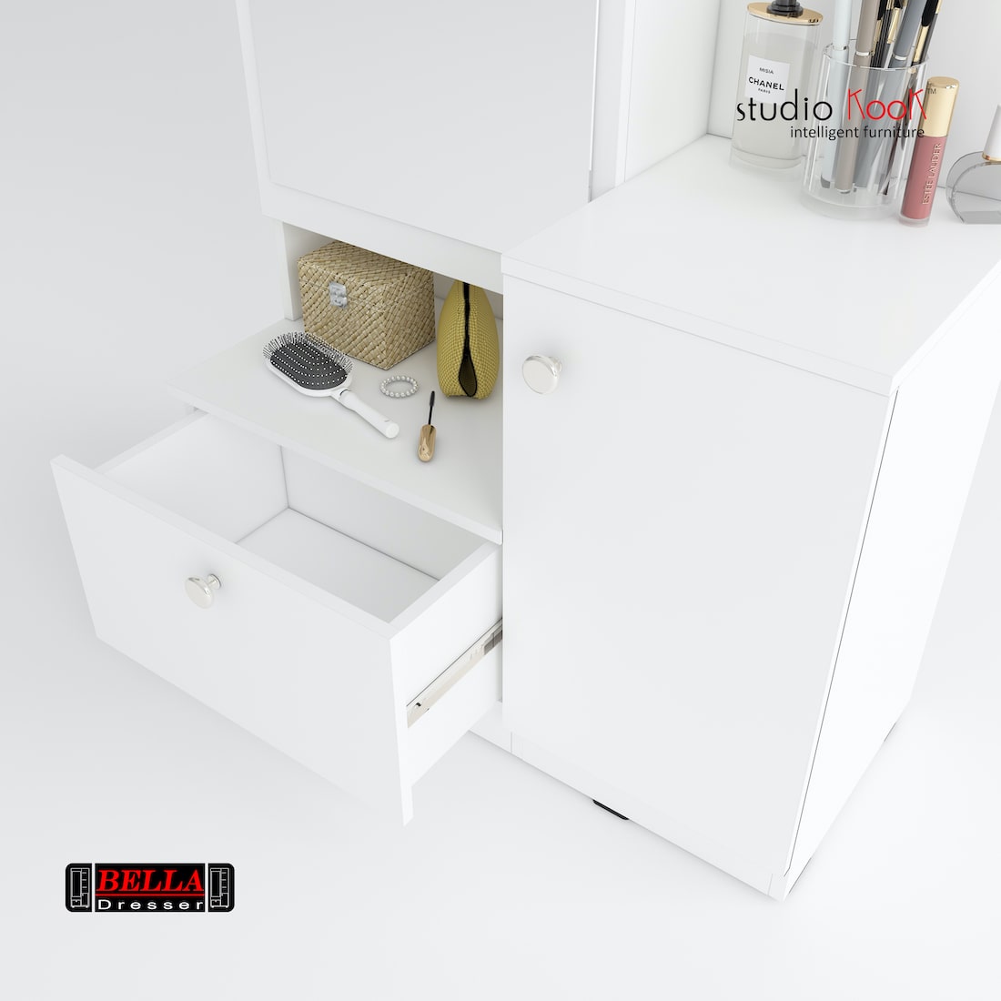 Bella Dresser Unit / Dressing Table with Mirror (Moonshine White Finish)