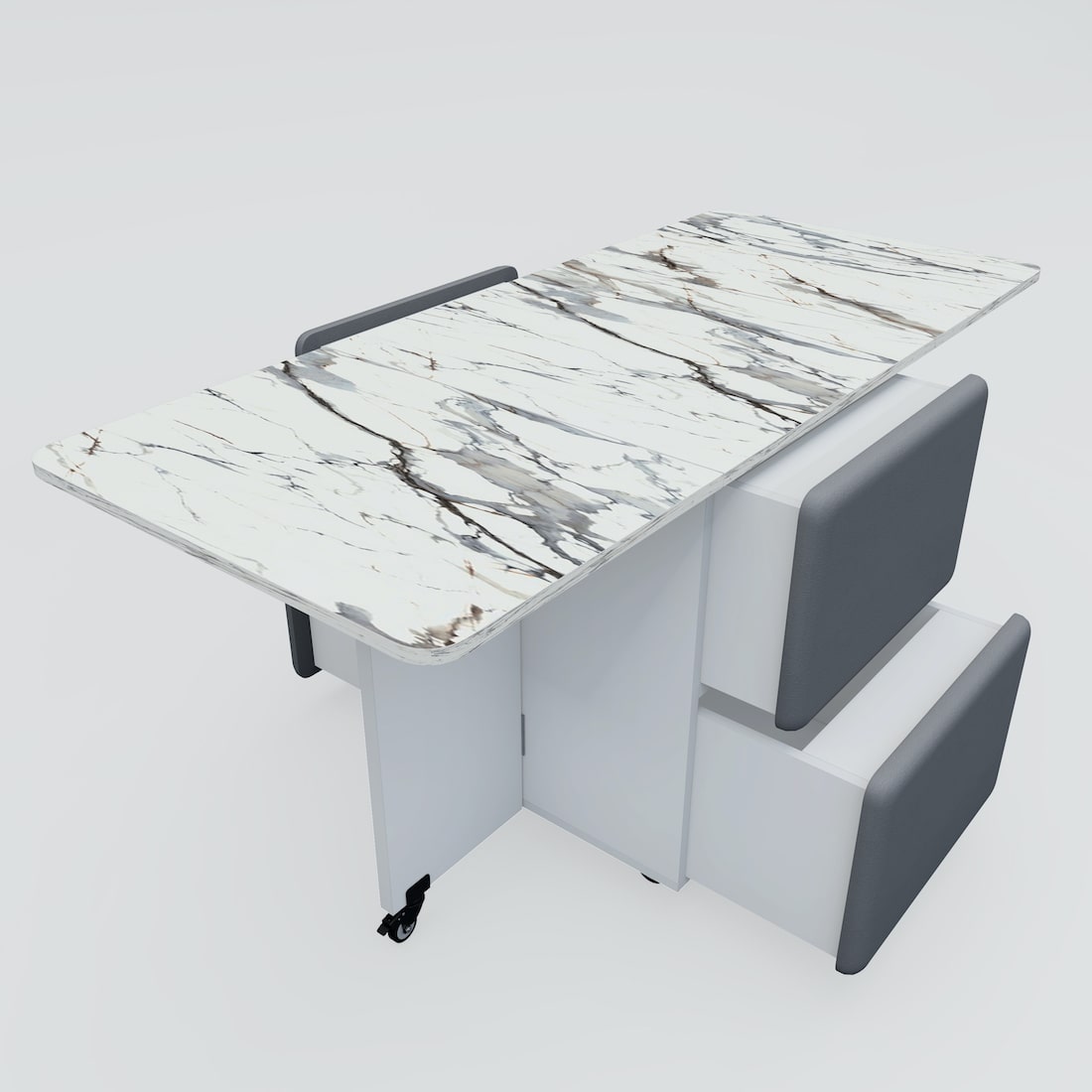 Bonbon 4 Seater Folding Dining Table with Inbuilt Seating (Marble Finish Laminate Top & Moonshine White)