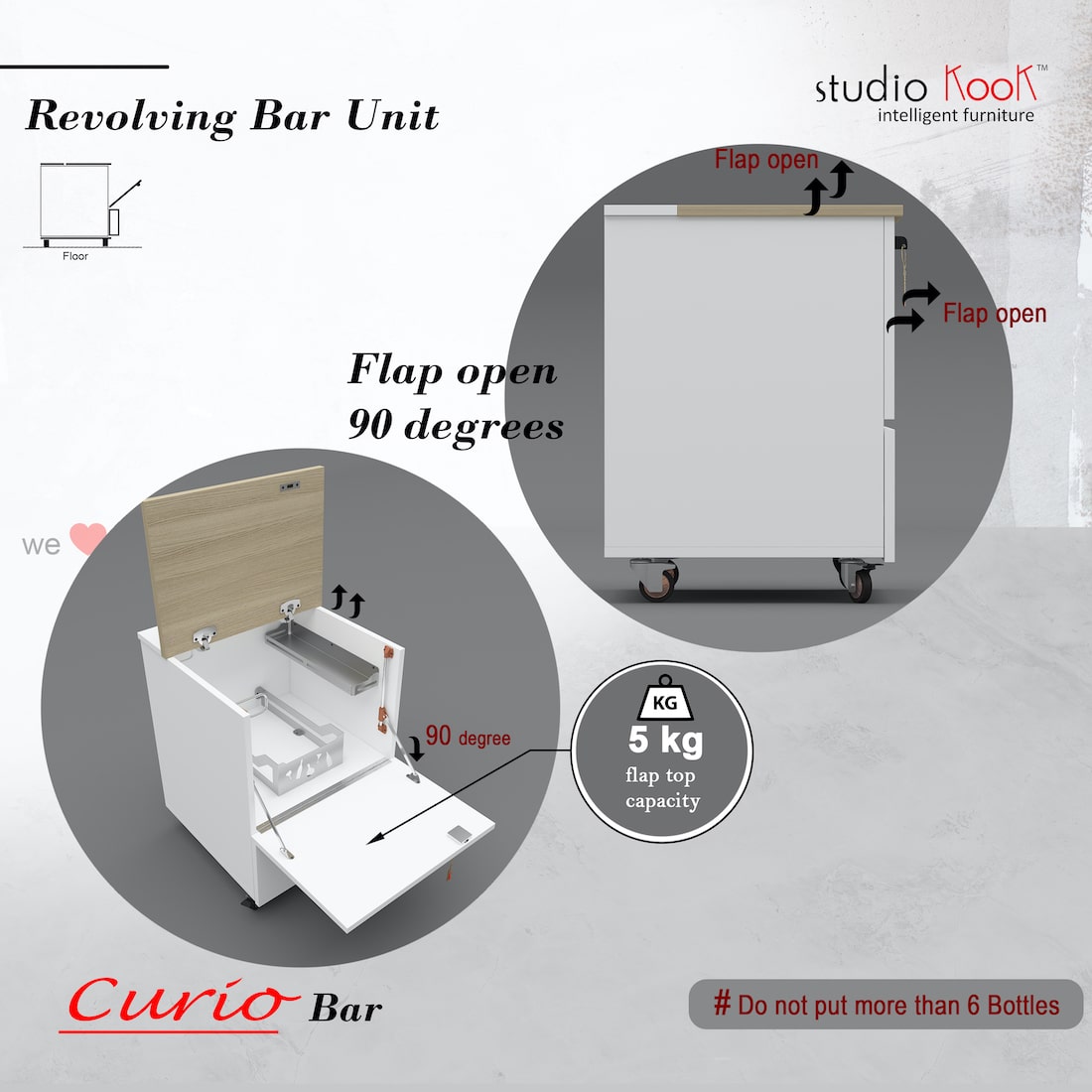 Curio Mini Bar Cabinet on Wheels (Moonshine White, Matte Finish)