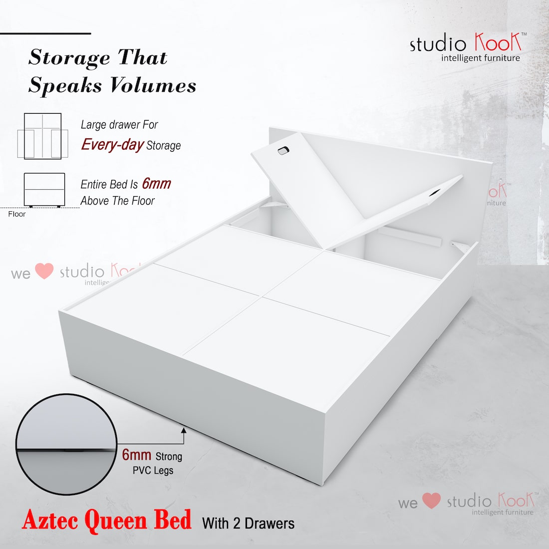 Aztec Queen Bed with 2 Drawers (Moonshine White Finish)