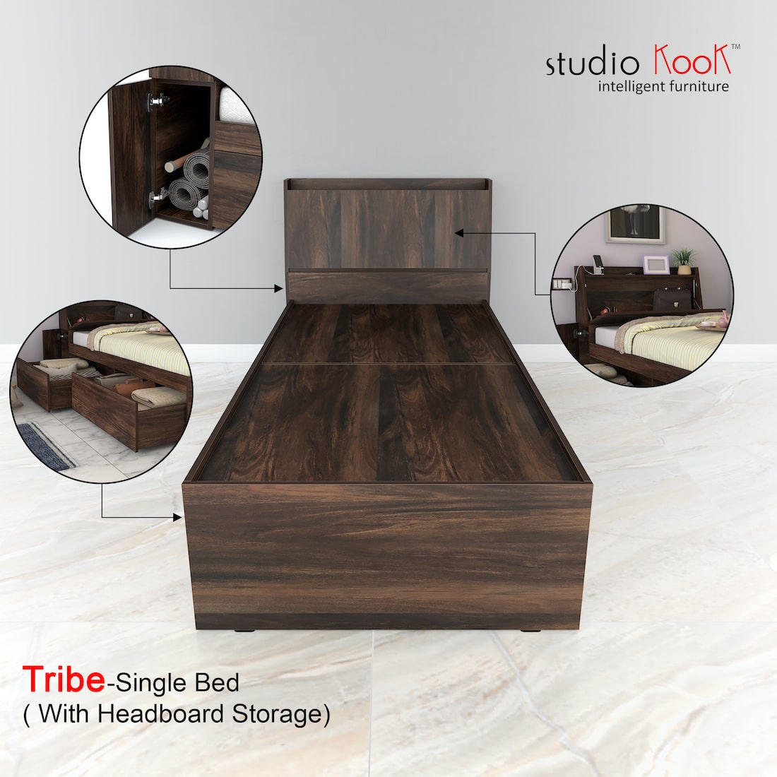 Tribe Single Bed Left with Headboard storage and 2 Drawers on Left