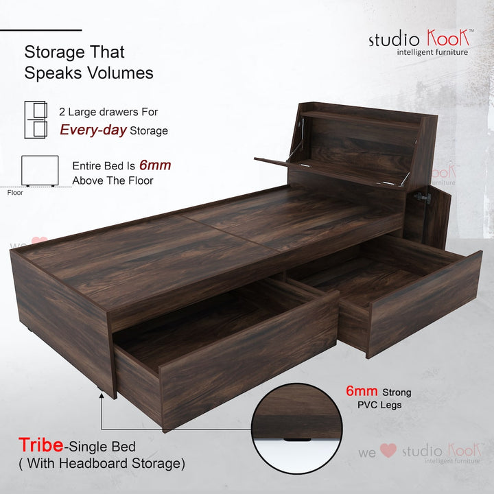 Tribe Single Bed Right with Headboard storage and 2 Drawers on Right