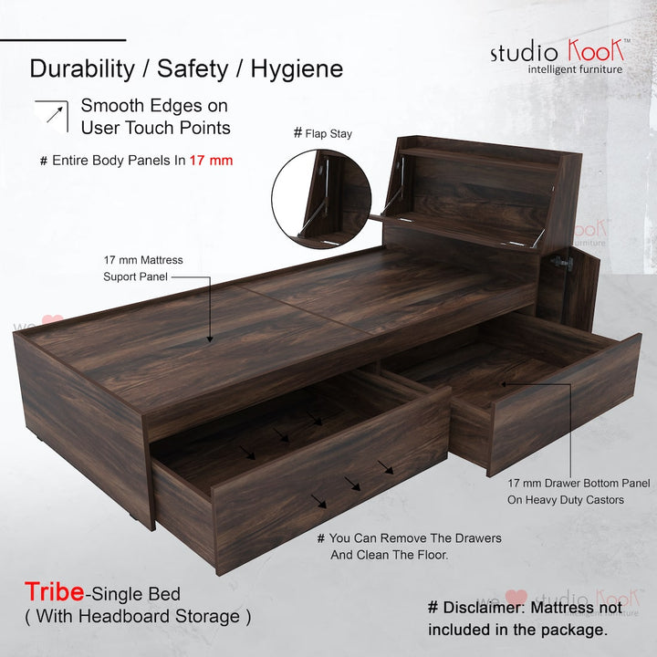 Tribe Single Bed Right with Headboard storage and 2 Drawers on Right