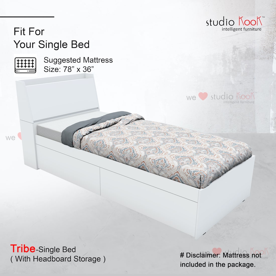 Tribe Single Bed with Headboard storage and 2 Drawers (Moonshine White, Matte Finish)