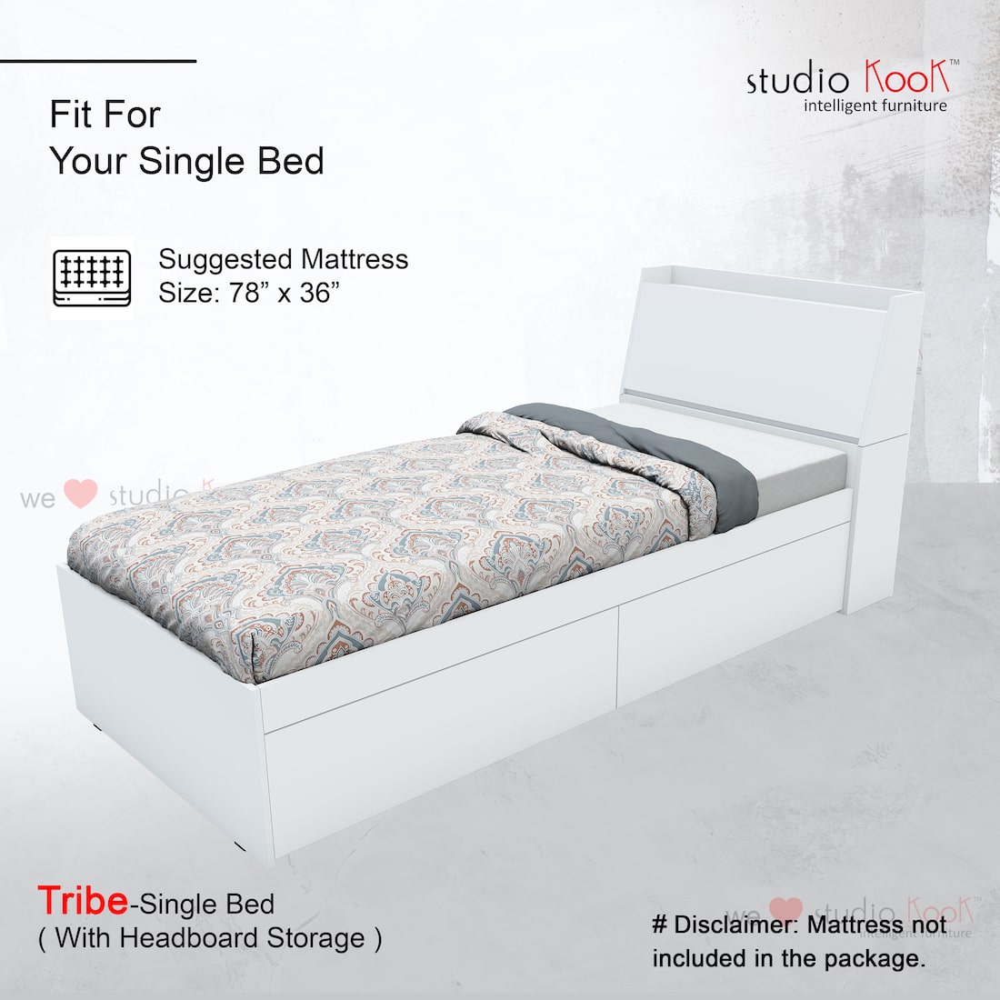 Tribe Single Bed with Headboard storage and 2 Drawers (Moonshine White, Matte Finish)
