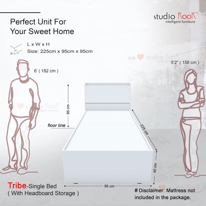Tribe Single Bed Right with Headboard storage and 2 Drawers on Right