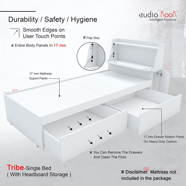 Tribe Single Bed Right with Headboard storage and 2 Drawers on Right