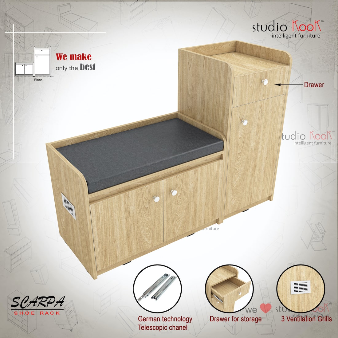 Scarpa Shoerack || Shoe Cabinet with Cushion Seating and 12 pairs capacity