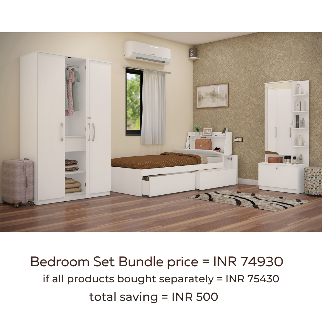 Neuvo 13: Set of 3 Bedroom Furniture - 3 door Wardrobe, Single Bed with Headboard Storage, Dresser
