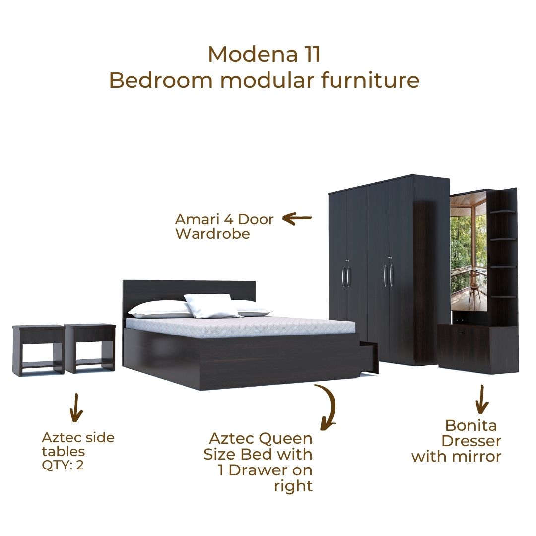 Modena 11: Set of 5 Bedroom Furniture - 4 door Wardrobe, Queen Bed Right, Dresser and Side Tables