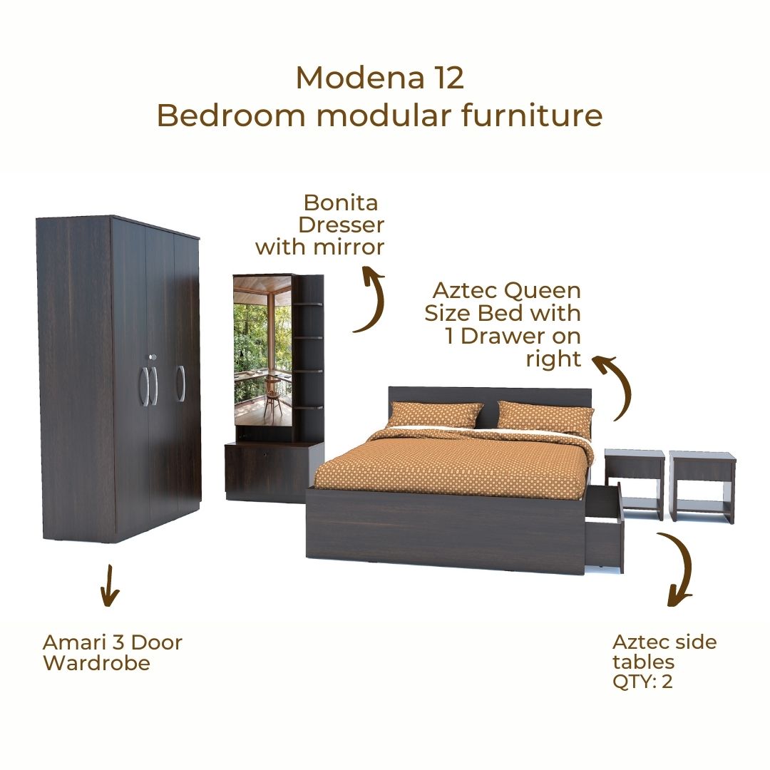 Modena 12: Set of 5 Bedroom Furniture - 3 door Wardrobe, Queen Bed Right, Dresser and Side Tables