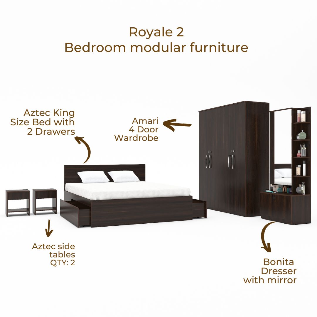 Royale 2 set of 5 modular furniture - King Bed, 4 Door Wardrobe, Dresser with Mirror and 2 side tables
