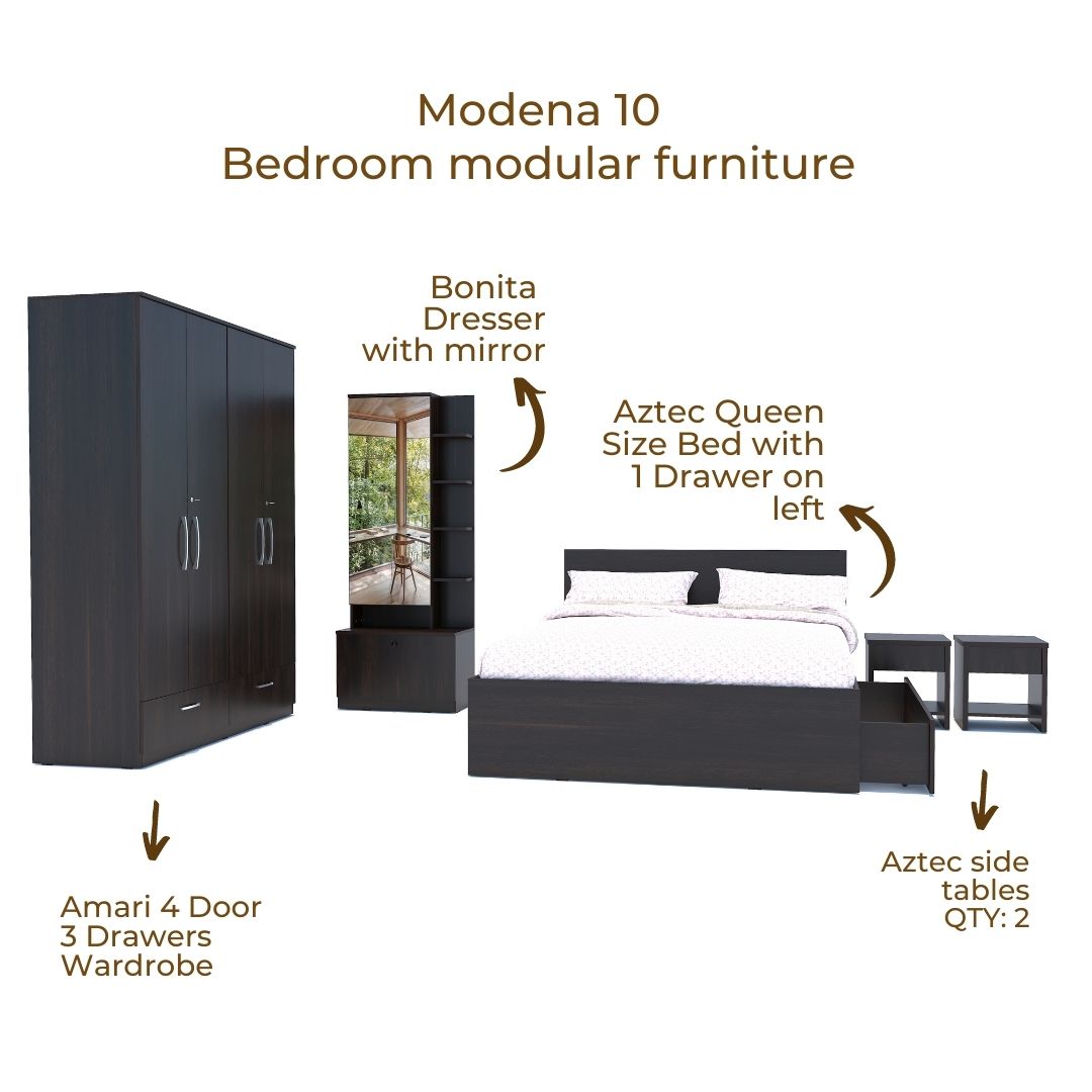 Modena 10: Set of 5 Bedroom Furniture - 4 door Wardrobe, Queen Bed Right, Dresser and Side Tables