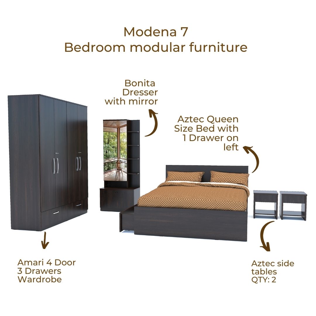 Modena 07: Set of 5 Bedroom Furniture - 4 door Wardrobe, Queen Bed Left, Dresser and Side Tables