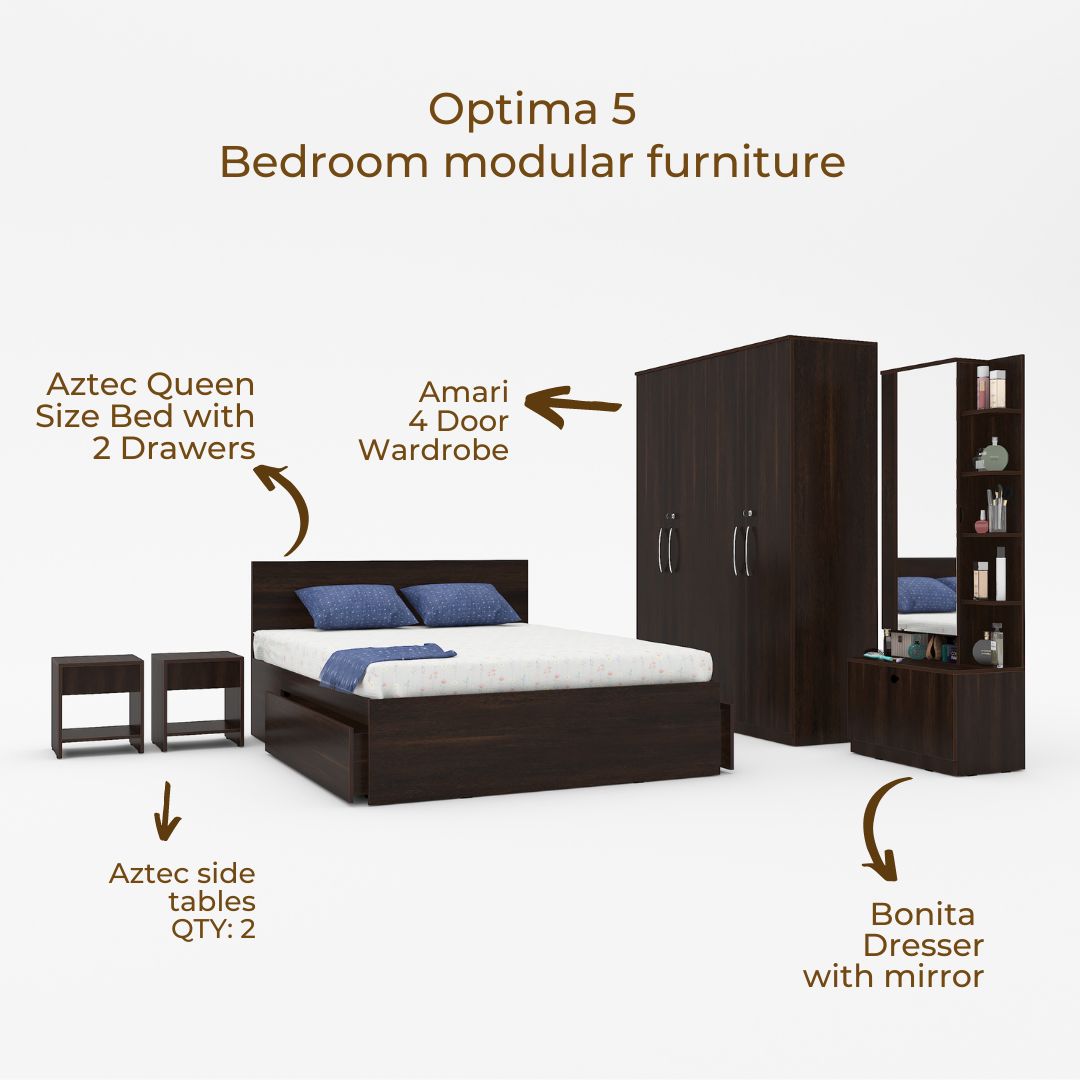 Optima 05: Set of 5 Bedroom Furniture - 4 door Wardrobe, Queen Bed, Dresser and Side Tables