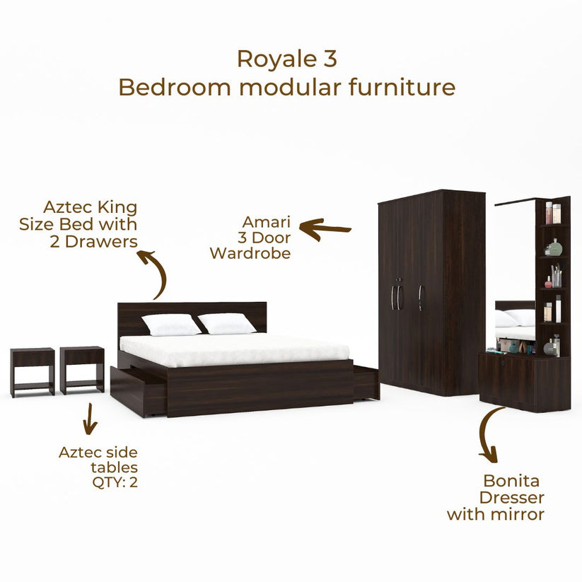 Royale 3: Set of 5 Bedroom Furniture - 3 door Wardrobe, King Bed, Dres ...