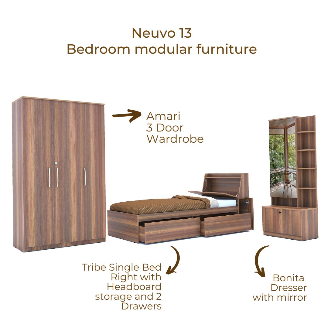 Neuvo 13: Set of 3 Bedroom Furniture - 3 door Wardrobe, Single Bed with Headboard Storage, Dresser