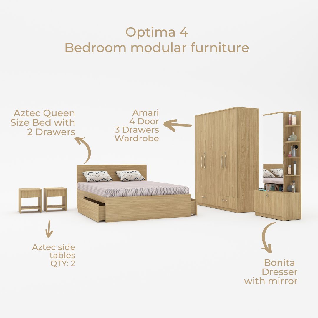 Optima 04: Set of 5 Bedroom Furniture - 4 door Wardrobe, Queen Bed, Dresser and Side Tables