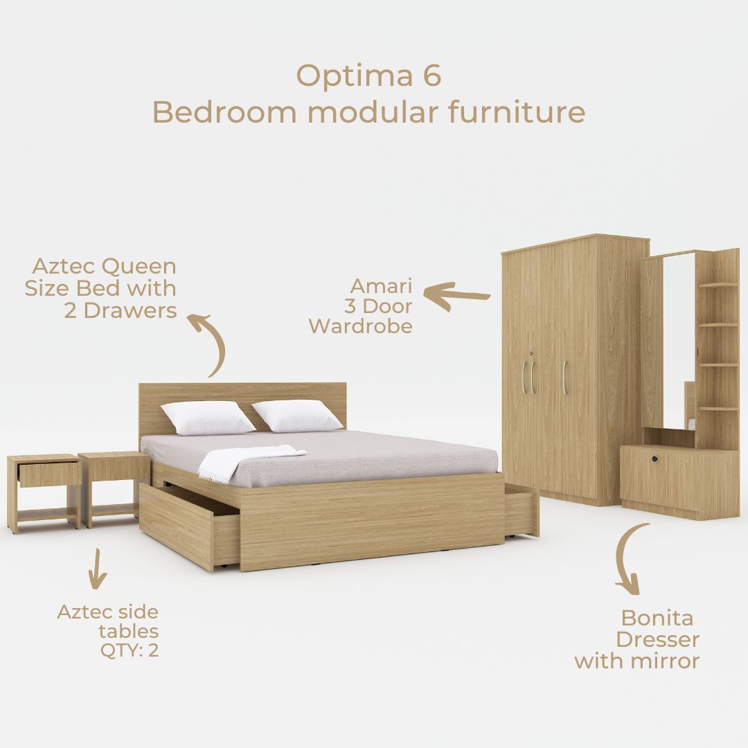 Optima 06: Set of 5 Bedroom Furniture - 3 door Wardrobe, Queen Bed, Dresser and Side Tables