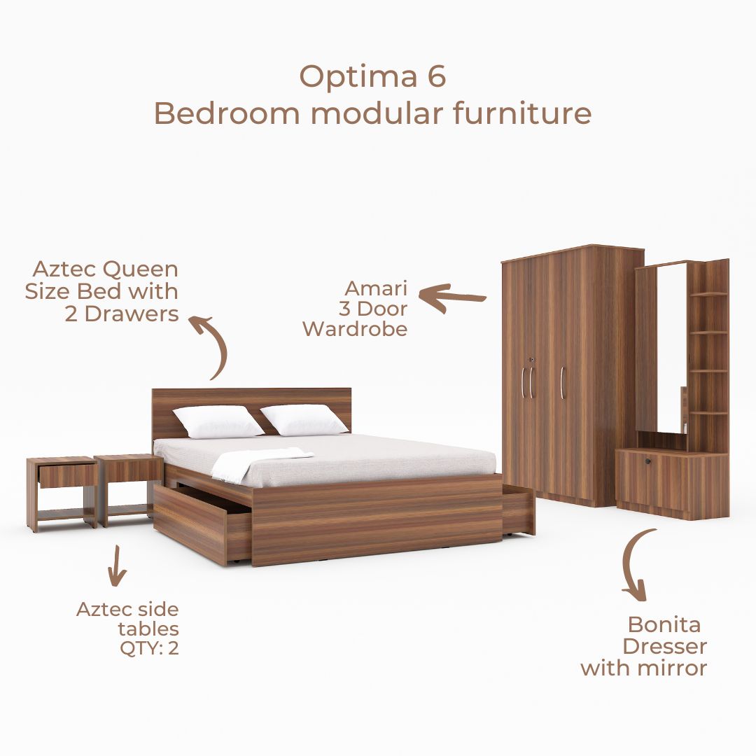 Optima 06: Set of 5 Bedroom Furniture - 3 door Wardrobe, Queen Bed, Dresser and Side Tables