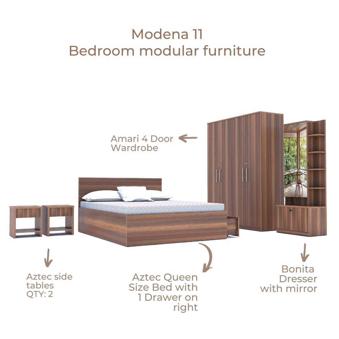 Modena 11: Set of 5 Bedroom Furniture - 4 door Wardrobe, Queen Bed Rig ...