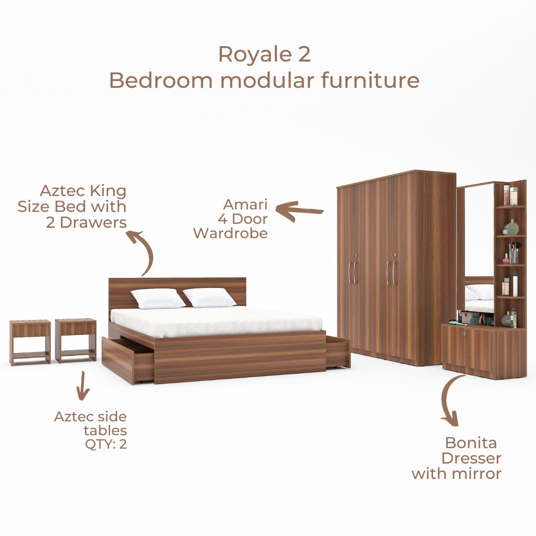 Royale 2 set of 5 modular furniture - King Bed, 4 Door Wardrobe, Dresser with Mirror and 2 side tables