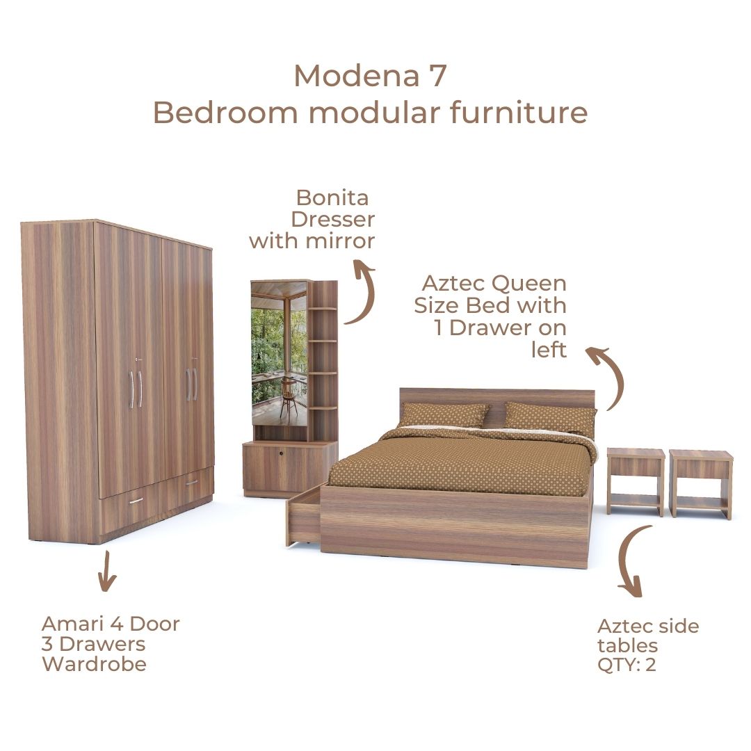 Modena 07: Set of 5 Bedroom Furniture - 4 door Wardrobe, Queen Bed Left, Dresser and Side Tables