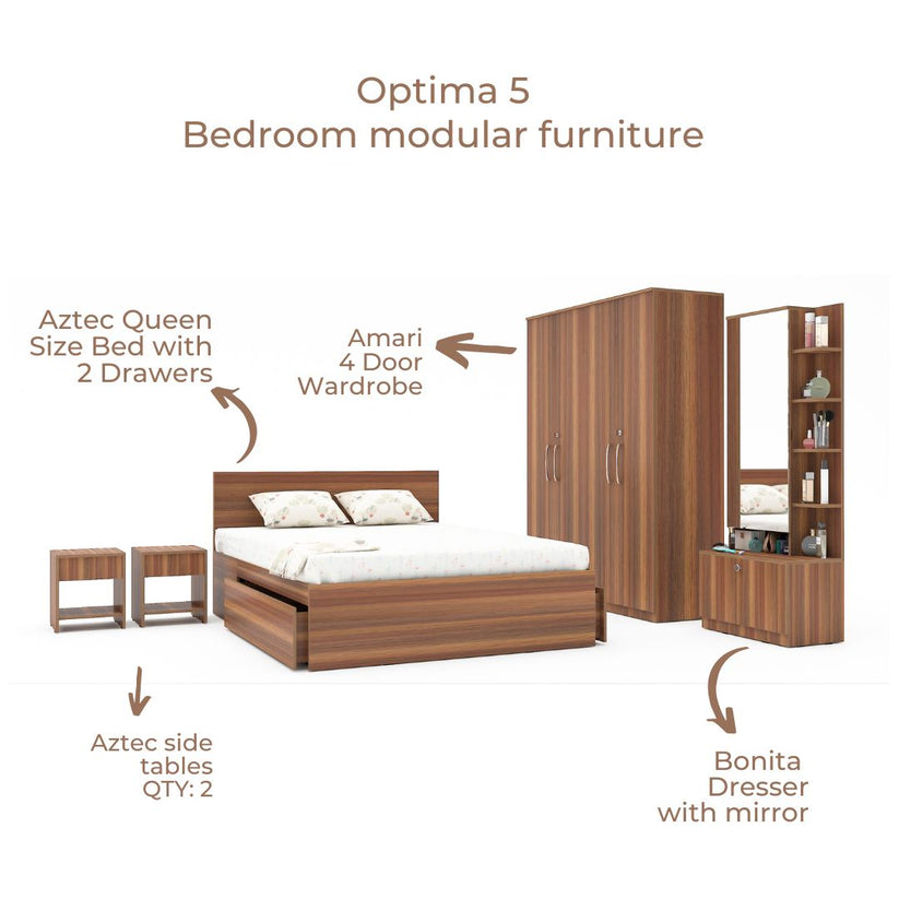Optima 05: Set of 5 Bedroom Furniture - 4 door Wardrobe, Queen Bed, Dr ...
