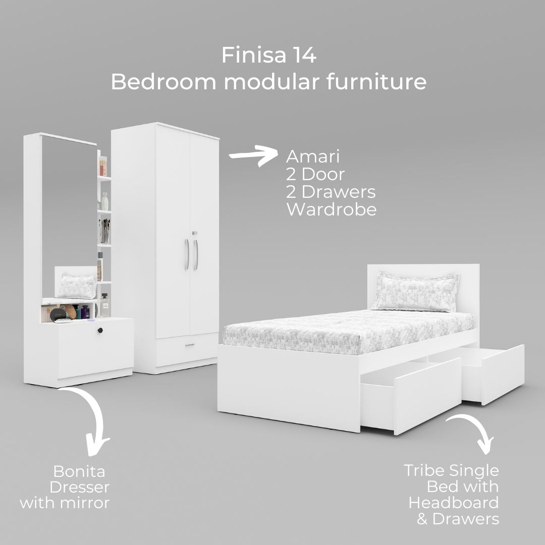 Finisa 14: Set of 3 Bedroom Furniture - 2 door 2 drawer Wardrobe, Single Bed with Headboard, Dresser