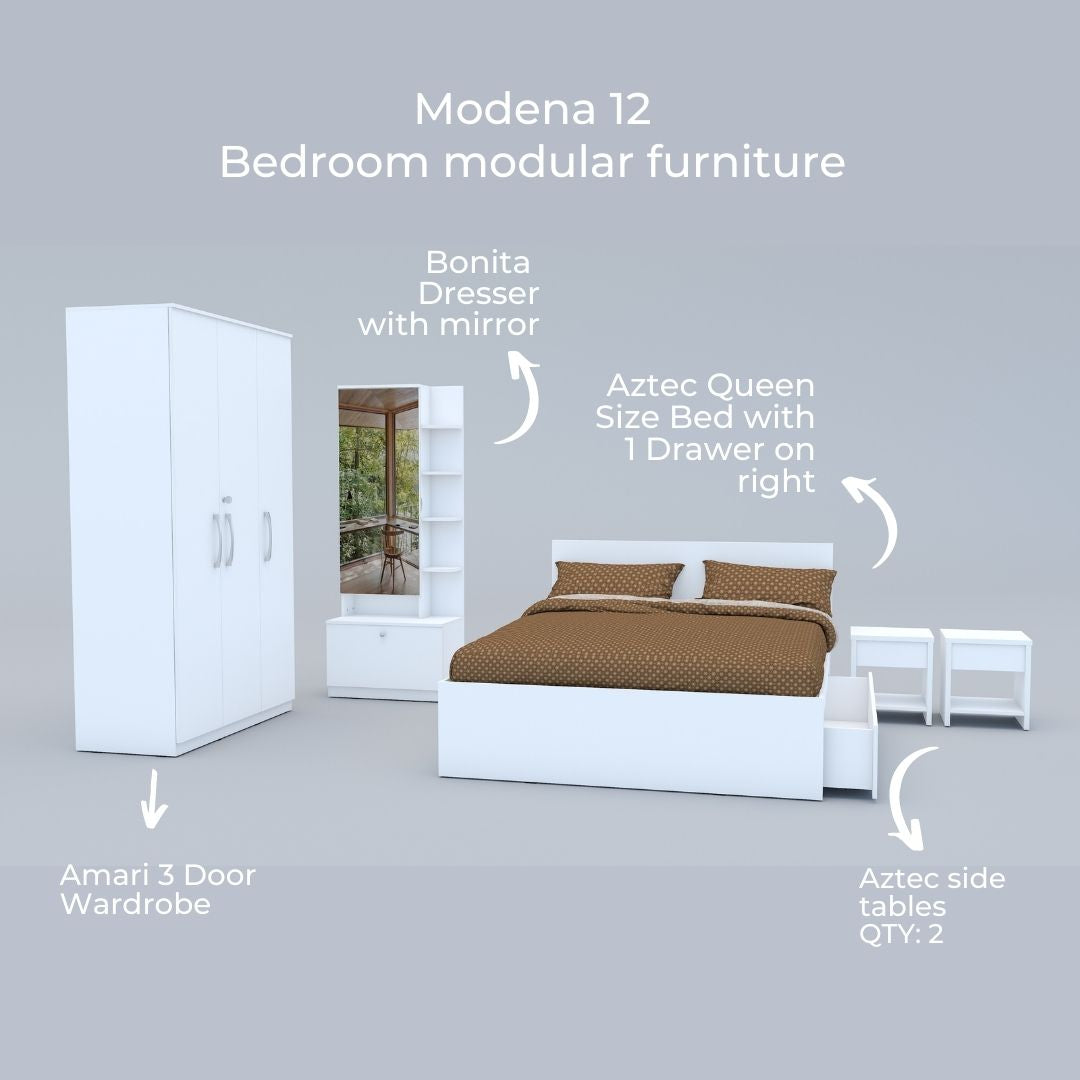 Modena 12: Set of 5 Bedroom Furniture - 3 door Wardrobe, Queen Bed Right, Dresser and Side Tables