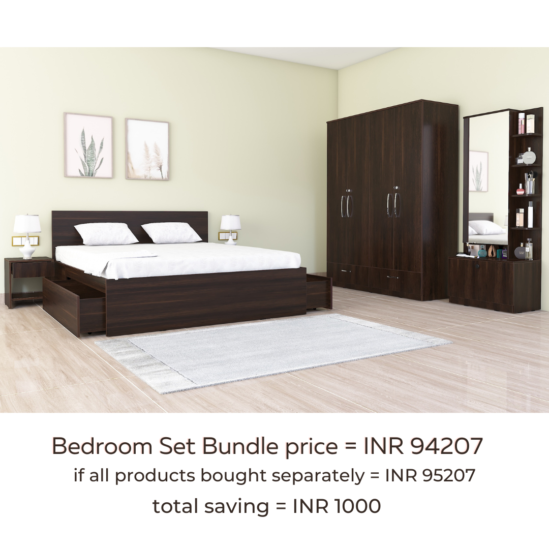 Royale 1 set of 5 modular furniture King Bed 4 Door Wardrobe Dresser with Mirror and 2 side tables
