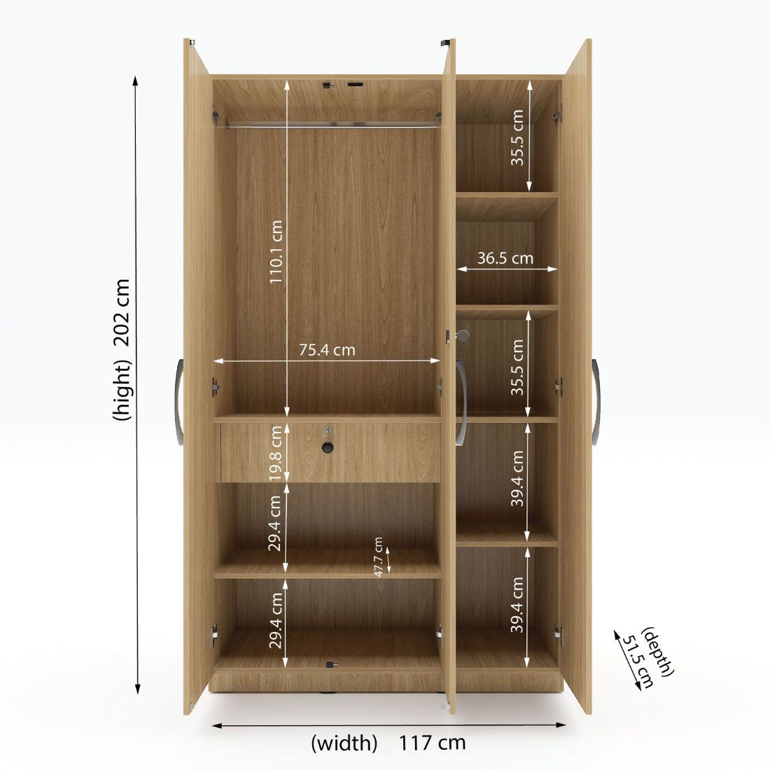 Size of deals 3 door wardrobe