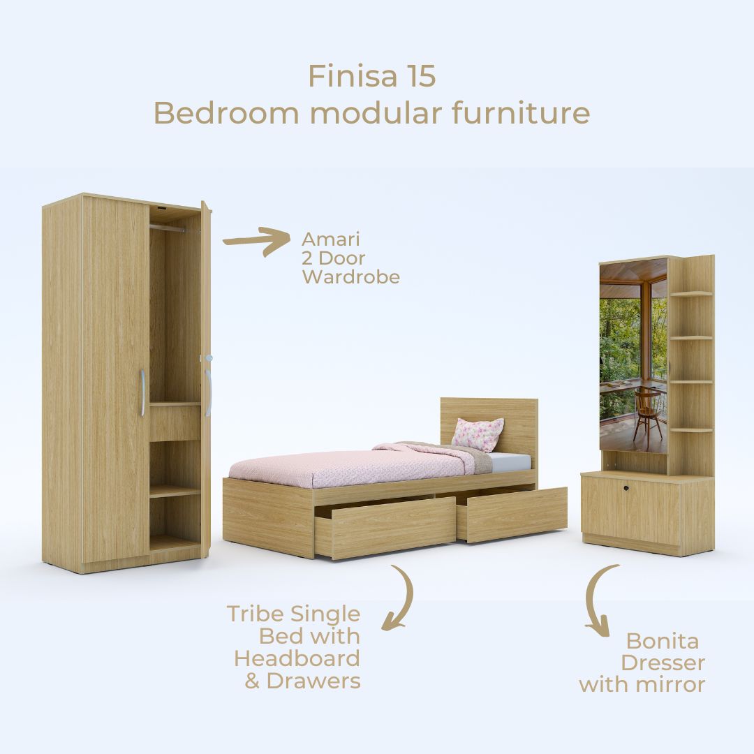 Finisa 15: Set of 3 Bedroom Furniture - 2 door Wardrobe, Single Bed with Headboard, Dresser