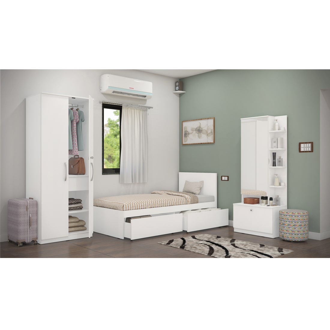 Finisa 15: Set of 3 Bedroom Furniture - 2 door Wardrobe, Single Bed with Headboard, Dresser
