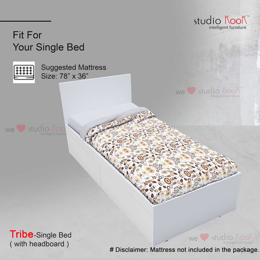 Tribe Single Bed with Headboard (Moonshine White, Matte Finish)